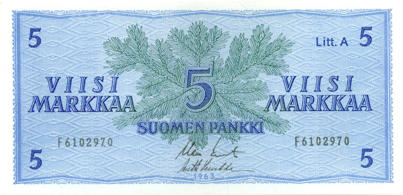 5 Markkaa 1963 Litt.A F6102970 kl.7